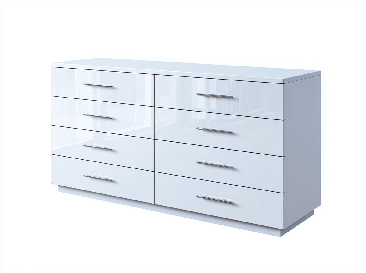 Commode - Panneaux de bois - 144 x 42 x 82 cm - Blanc bleuté brillant - Style moderne