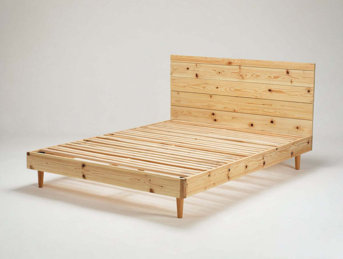 Lit double - Bois - 219 x 176 x 118 cm - Bois naturel - Design naturel