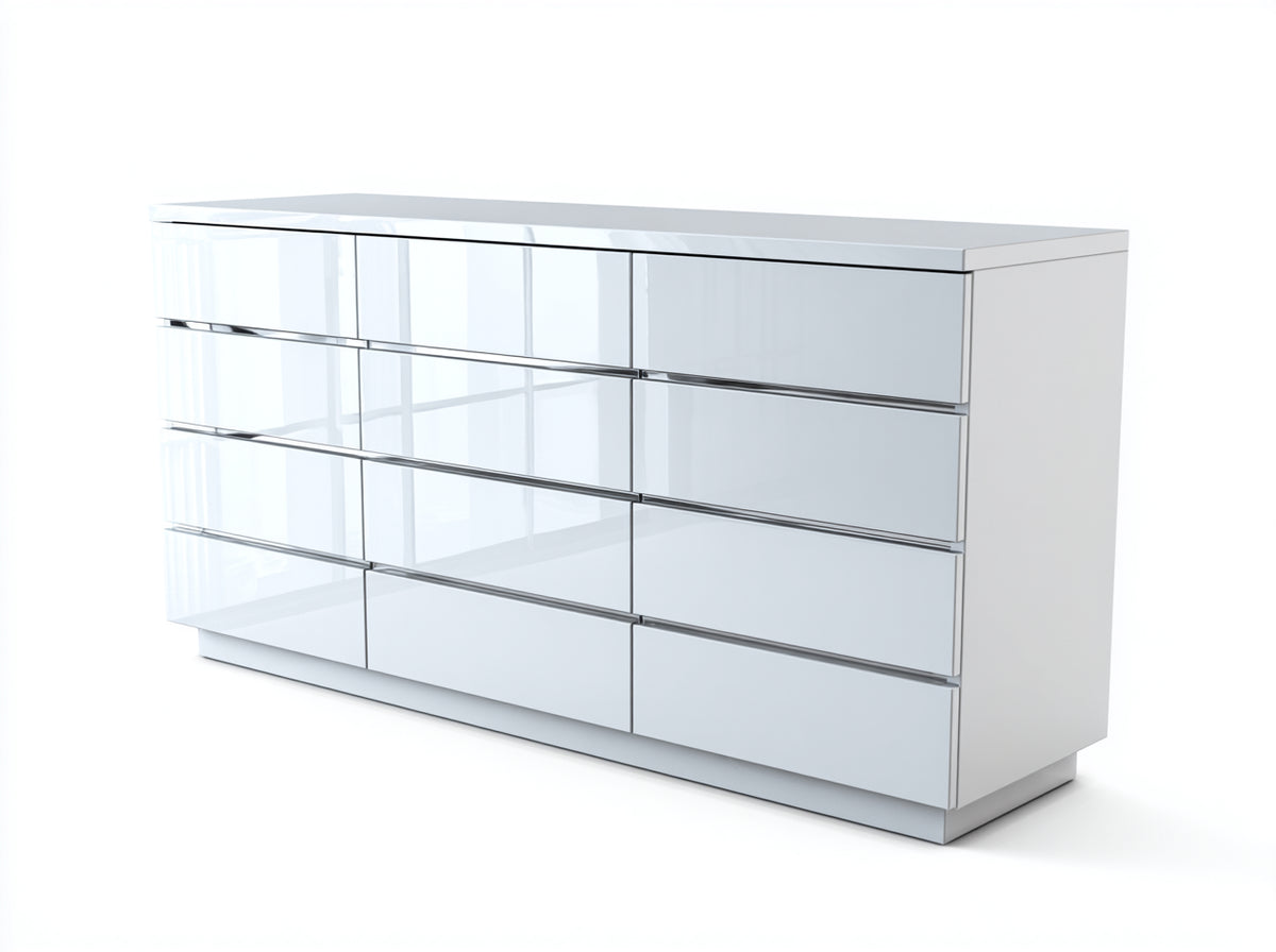 Commode - Panneaux de bois - 140 x 40 x 78 cm - Blanc bleuté brillant - Style minimaliste